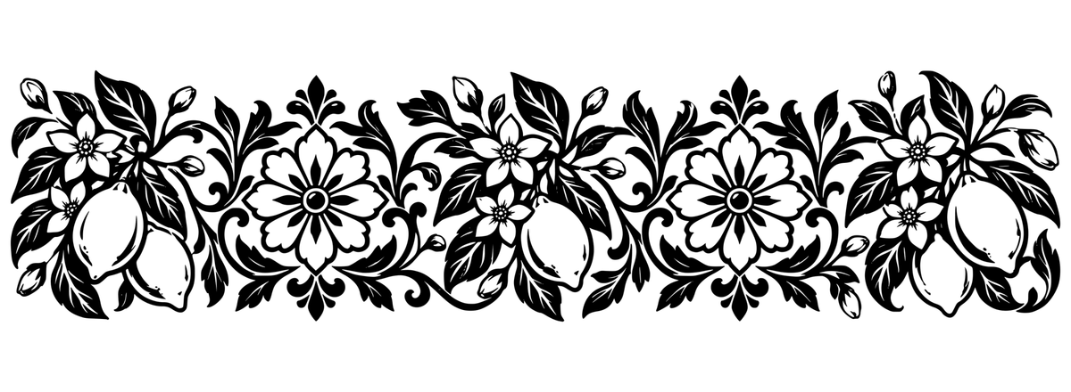 Citrus Tilework black-and-white wrap engraving artwork showing lemons, citrus blossoms, leafy scrolls and floral medallions; design only