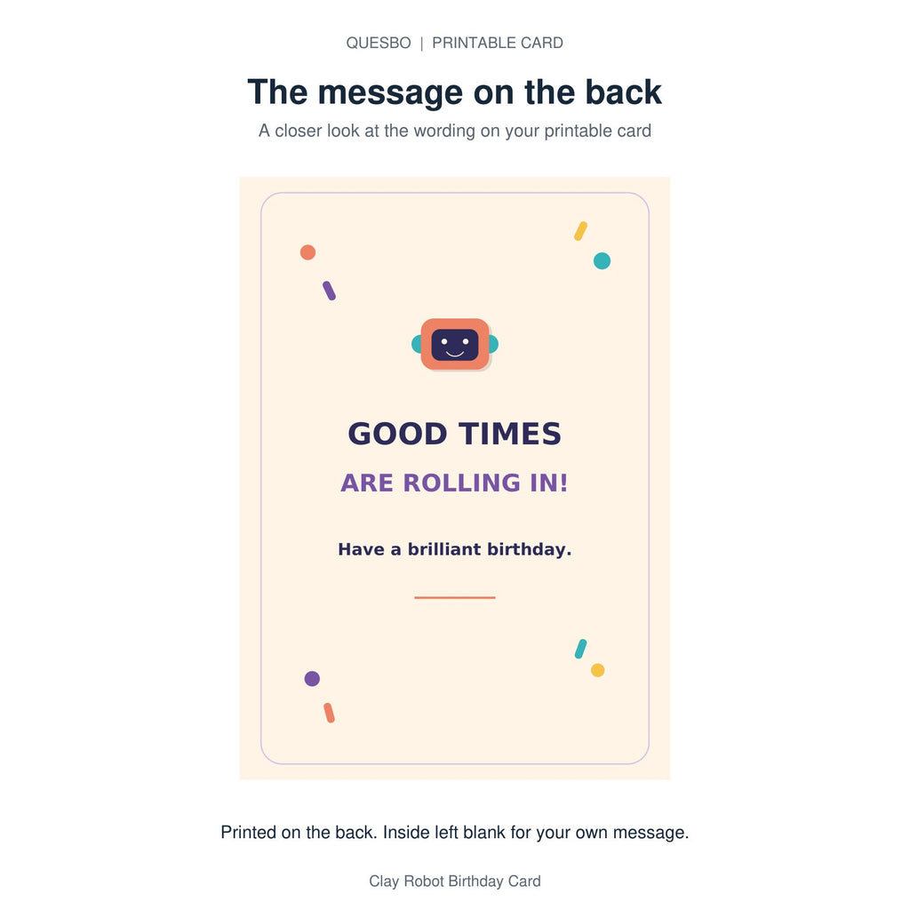 Printed message on the back of the PDF card: GOOD TIMES ARE ROLLING IN! Have a brilliant birthday. The inside is blank for your own handwritten message.