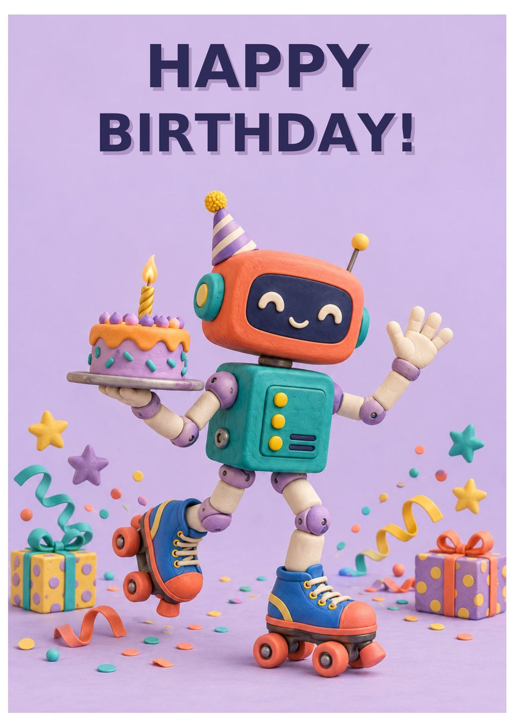 Clay-style robot birthday card with Happy Birthday lettering.