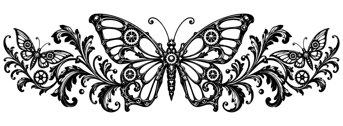 Clockwork Wings black-and-white wrap engraving artwork showing an ornamental mechanical butterfly, smaller winged forms, gears and filigree; design only
