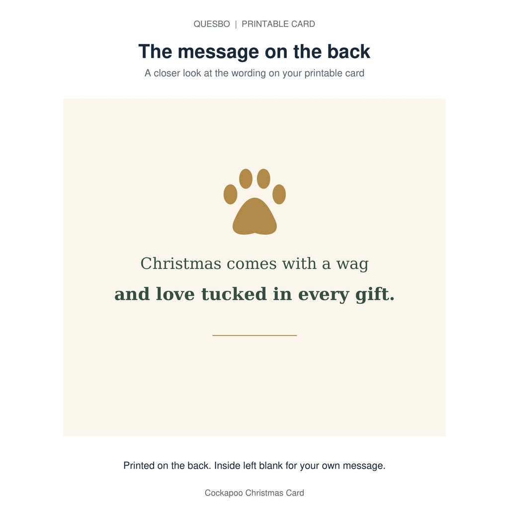 Printed message on the back of the PDF card: Christmas comes with a wag and love tucked in every gift. The inside is blank for your own handwritten message.