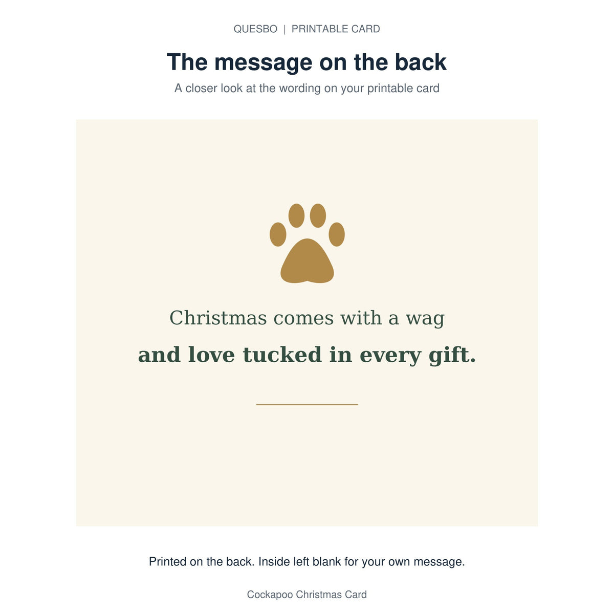 Printed message on the back of the PDF card: Christmas comes with a wag and love tucked in every gift. The inside is blank for your own handwritten message.