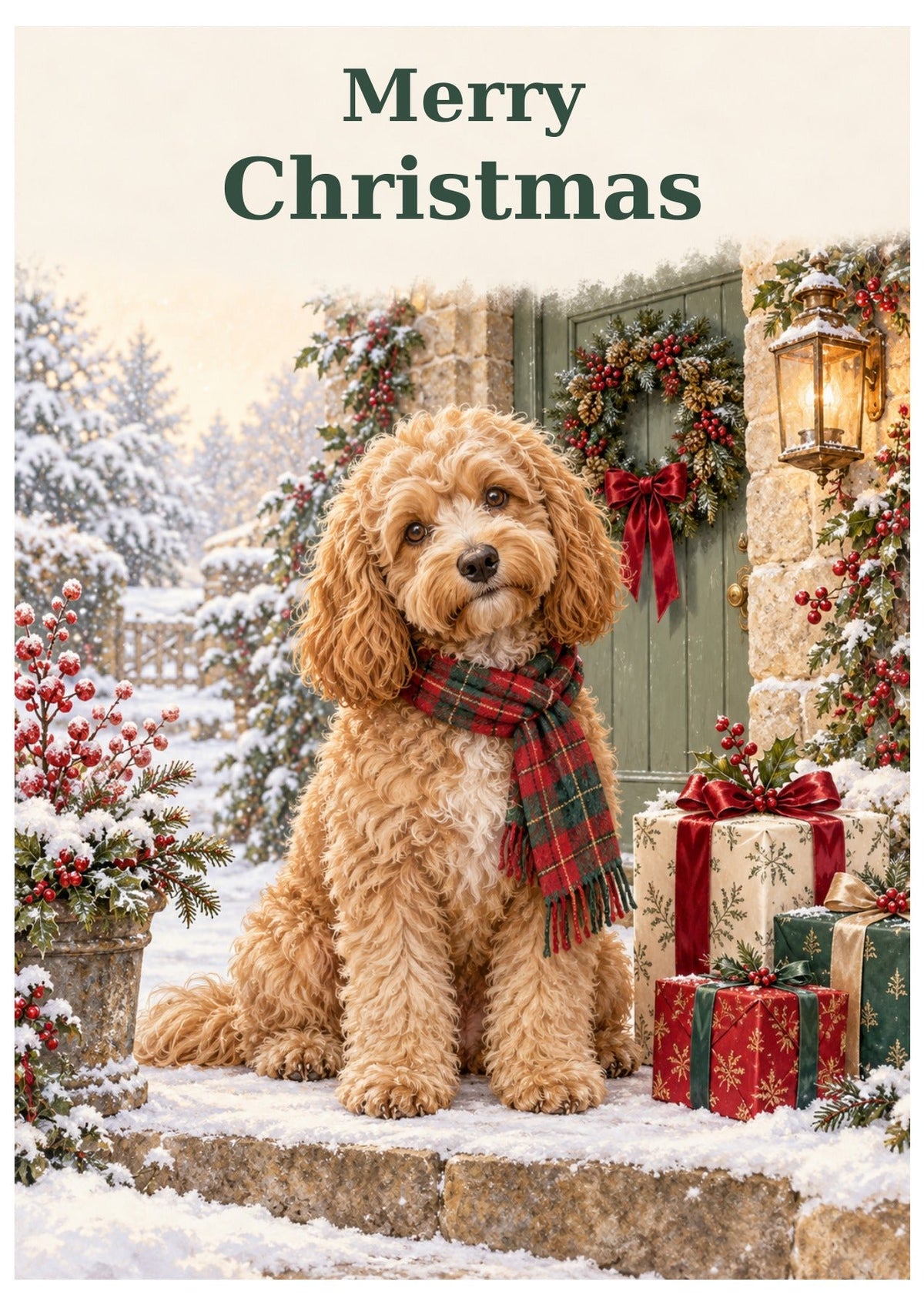 Cockapoo Christmas card with Merry Christmas lettering.