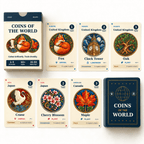 Coins of the World box and deck with Fox, Clock Tower, Oak, Crane, Cherry Blossom and Maple coin cards.