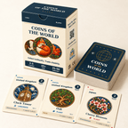 Coins of the World game box and deck with Clock Tower, Oak and Cherry Blossom illustrated coin cards.