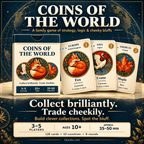 Coins of the World illustrated overview with a globe background, game box and fox, crane and maple coin cards.