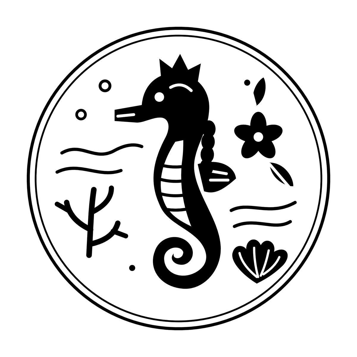 Coral Seahorse black-and-white engraving artwork; design preview only