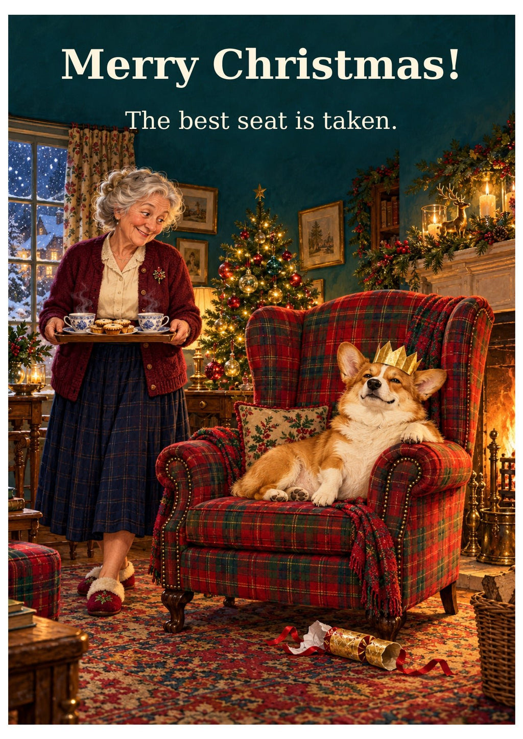 Corgi Christmas card with “Merry Christmas!” and “The best seat is taken.”