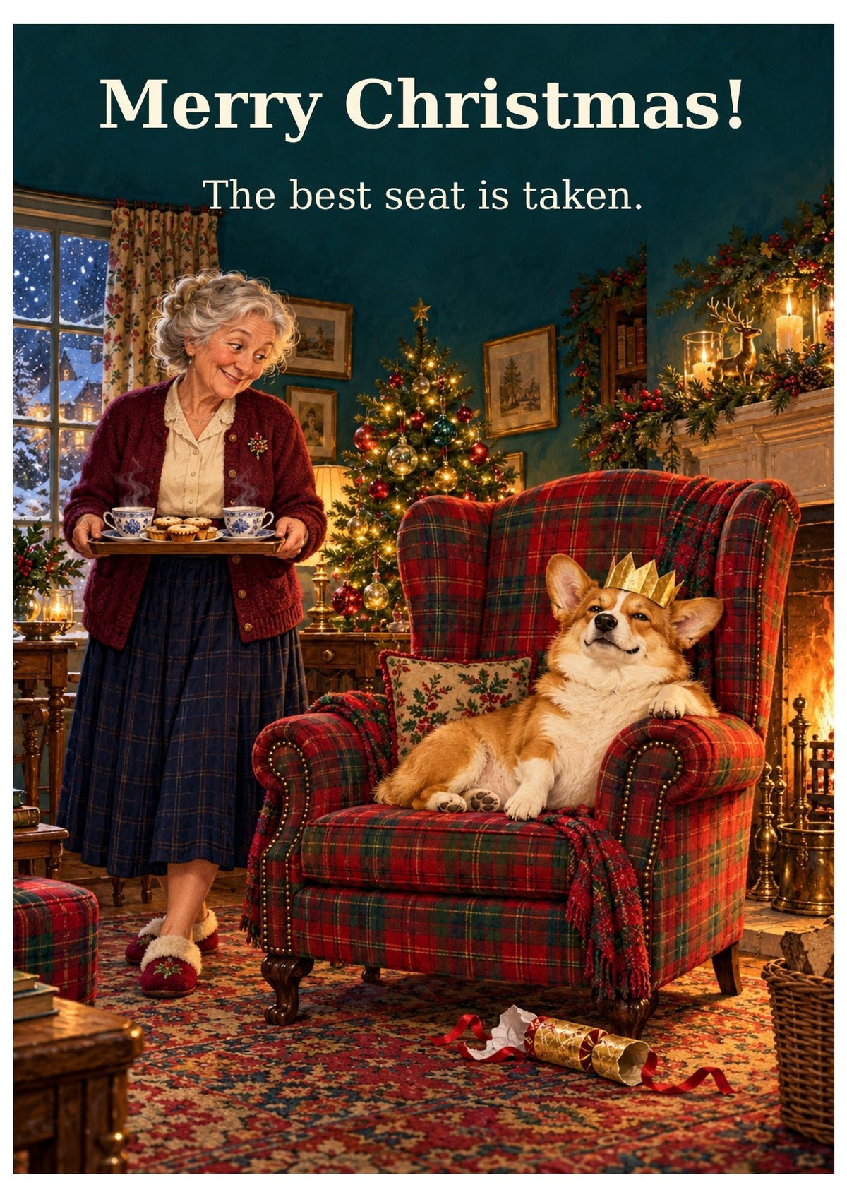 Corgi Christmas card with “Merry Christmas!” and “The best seat is taken.”