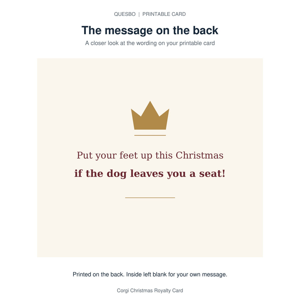 Printed message on the back of the PDF card: Put your feet up this Christmas if the dog leaves you a seat! The inside is blank for your own handwritten message.