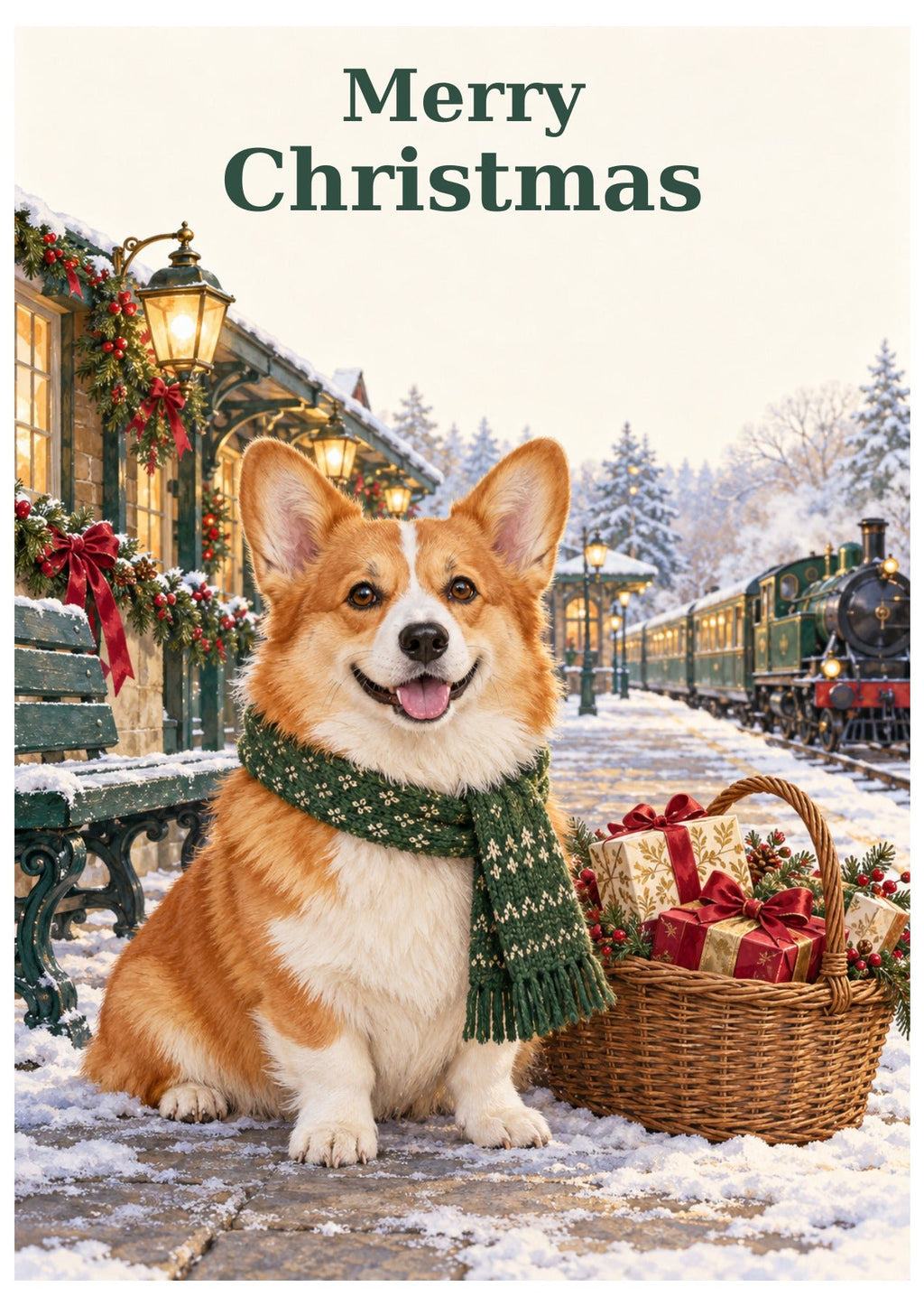 Corgi and station Christmas card with Merry Christmas lettering.