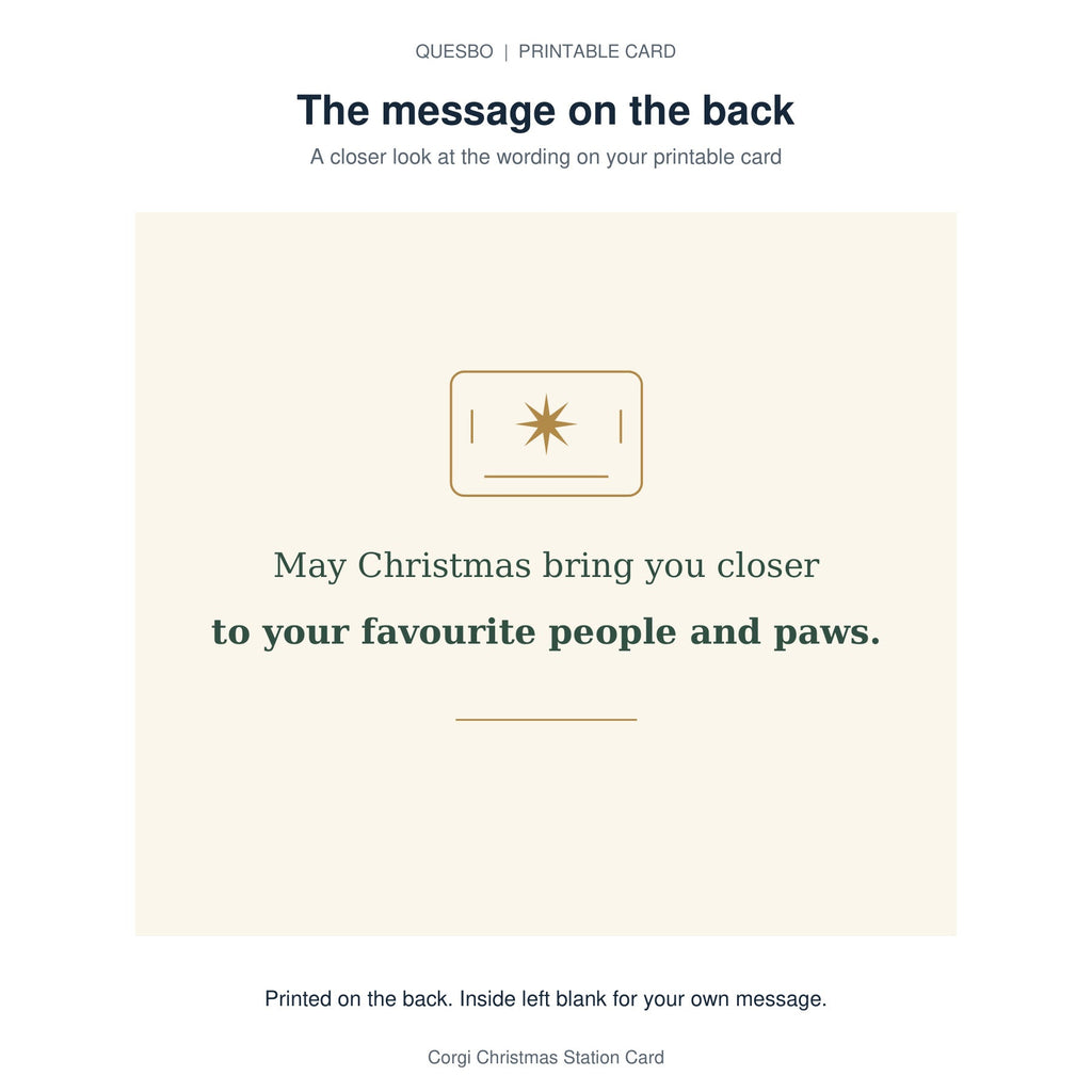 Printed message on the back of the PDF card: May Christmas bring you closer to your favourite people and paws. The inside is blank for your own handwritten message.
