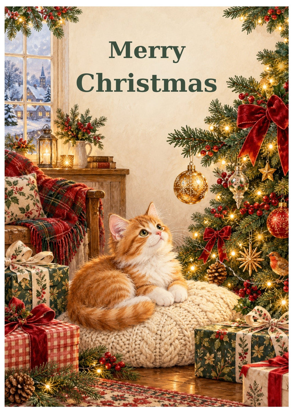 Ginger-and-white kitten resting beside a decorated Christmas tree and presents, with Merry Christmas lettering.