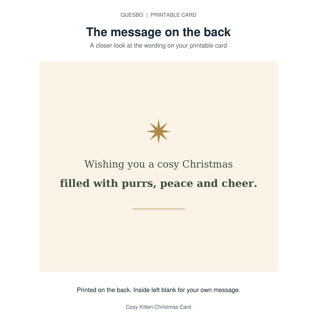 Printed message on the back of the PDF card: Wishing you a cosy Christmas filled with purrs, peace and cheer. The inside is blank for your own handwritten message.