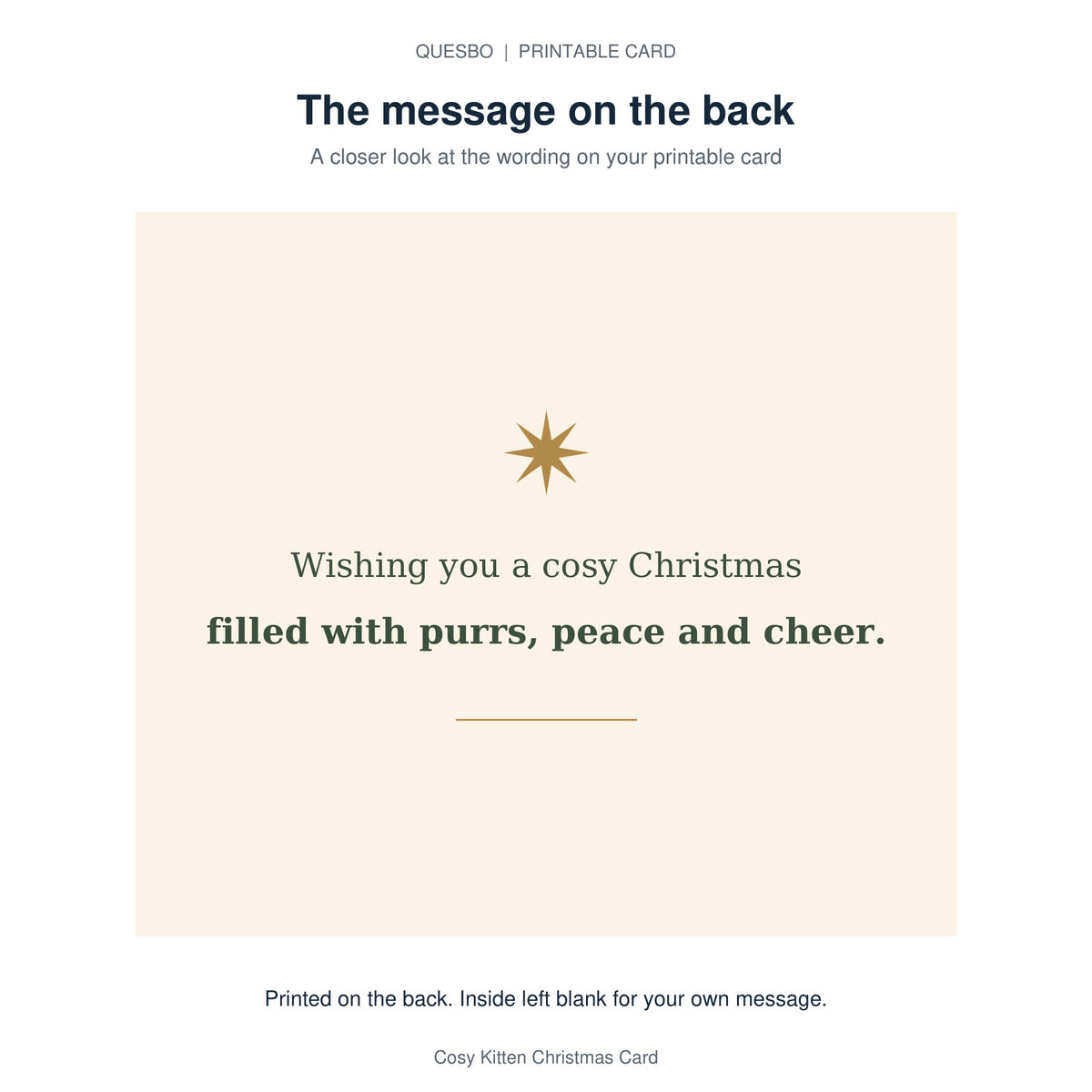 Printed message on the back of the PDF card: Wishing you a cosy Christmas filled with purrs, peace and cheer. The inside is blank for your own handwritten message.