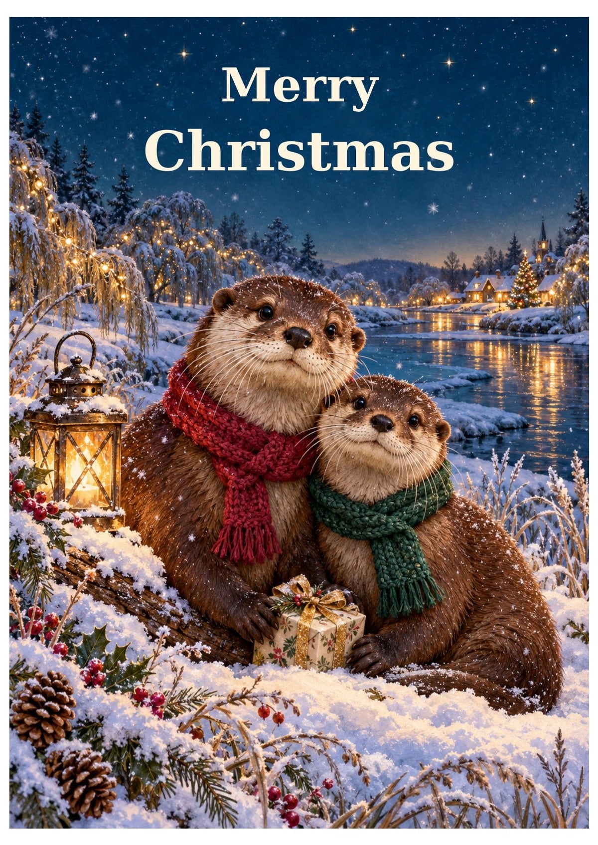 Otter-themed Christmas card with Merry Christmas lettering.