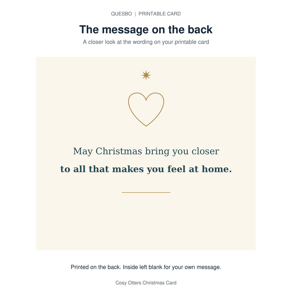 Printed message on the back of the PDF card: May Christmas bring you closer to all that makes you feel at home. The inside is blank for your own handwritten message.