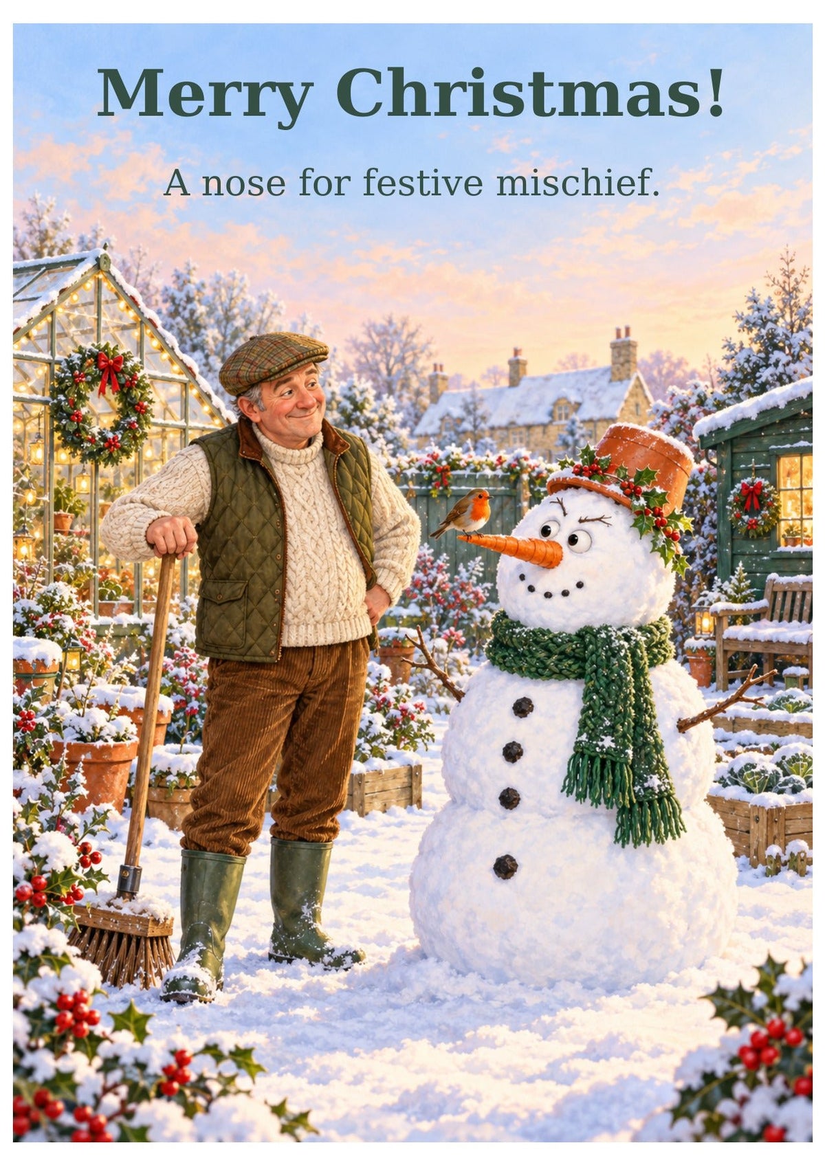 British cottage garden Christmas card with “Merry Christmas!” and “A nose for festive mischief.”