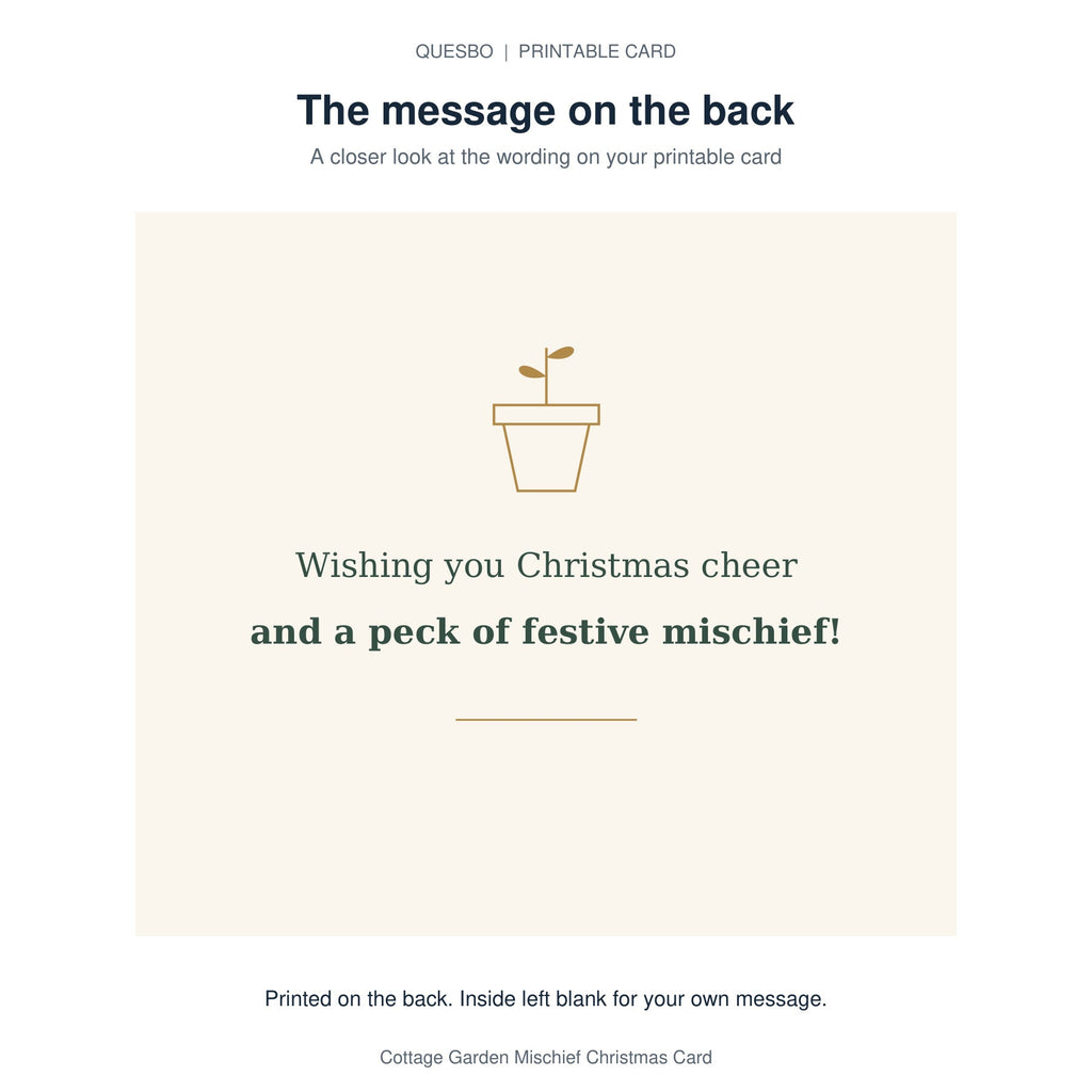 Printed message on the back of the PDF card: Wishing you Christmas cheer and a peck of festive mischief! The inside is blank for your own handwritten message.