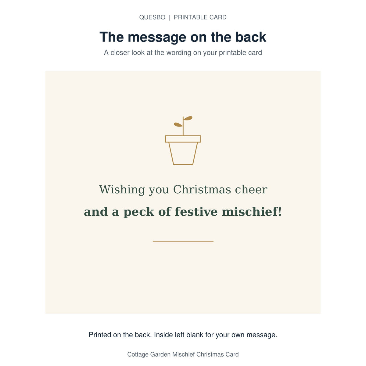 Printed message on the back of the PDF card: Wishing you Christmas cheer and a peck of festive mischief! The inside is blank for your own handwritten message.