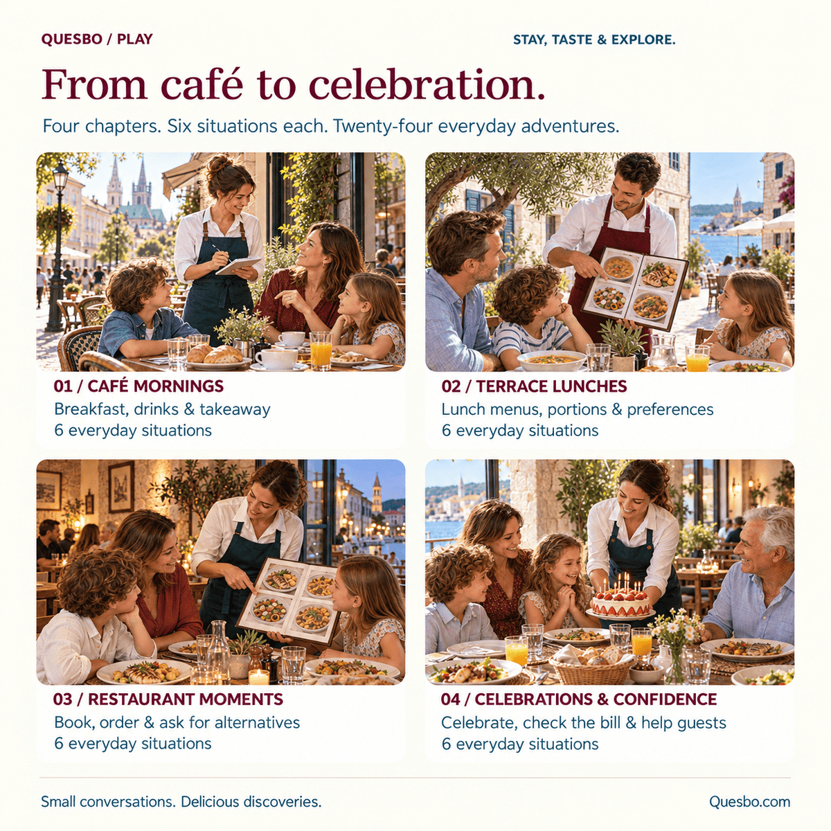 Four Croatian café chapters: mornings, terrace lunches, restaurant moments, and celebrations with six situations each.