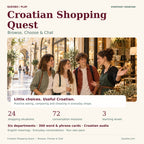 Croatian Shopping Quest cover showing a family in a warm Croatian shopping arcade, with 24 situations, 72 missions and three levels.