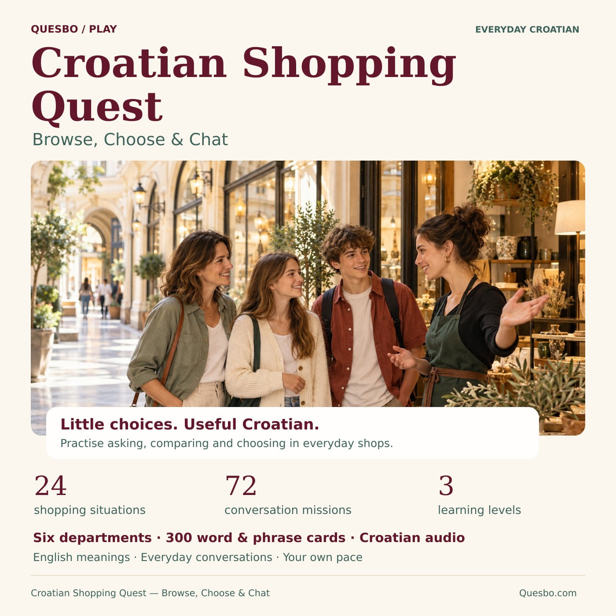 Croatian Shopping Quest cover showing a family in a warm Croatian shopping arcade, with 24 situations, 72 missions and three levels.
