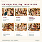 Six illustrated shopping departments: clothes, footwear, personal care, jewellery, pharmacy essentials and electronics.