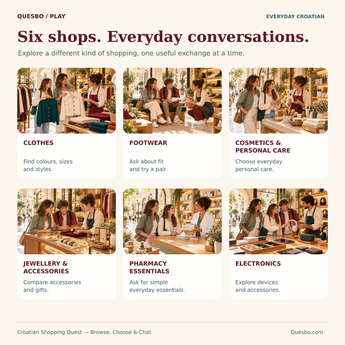 Six illustrated shopping departments: clothes, footwear, personal care, jewellery, pharmacy essentials and electronics.