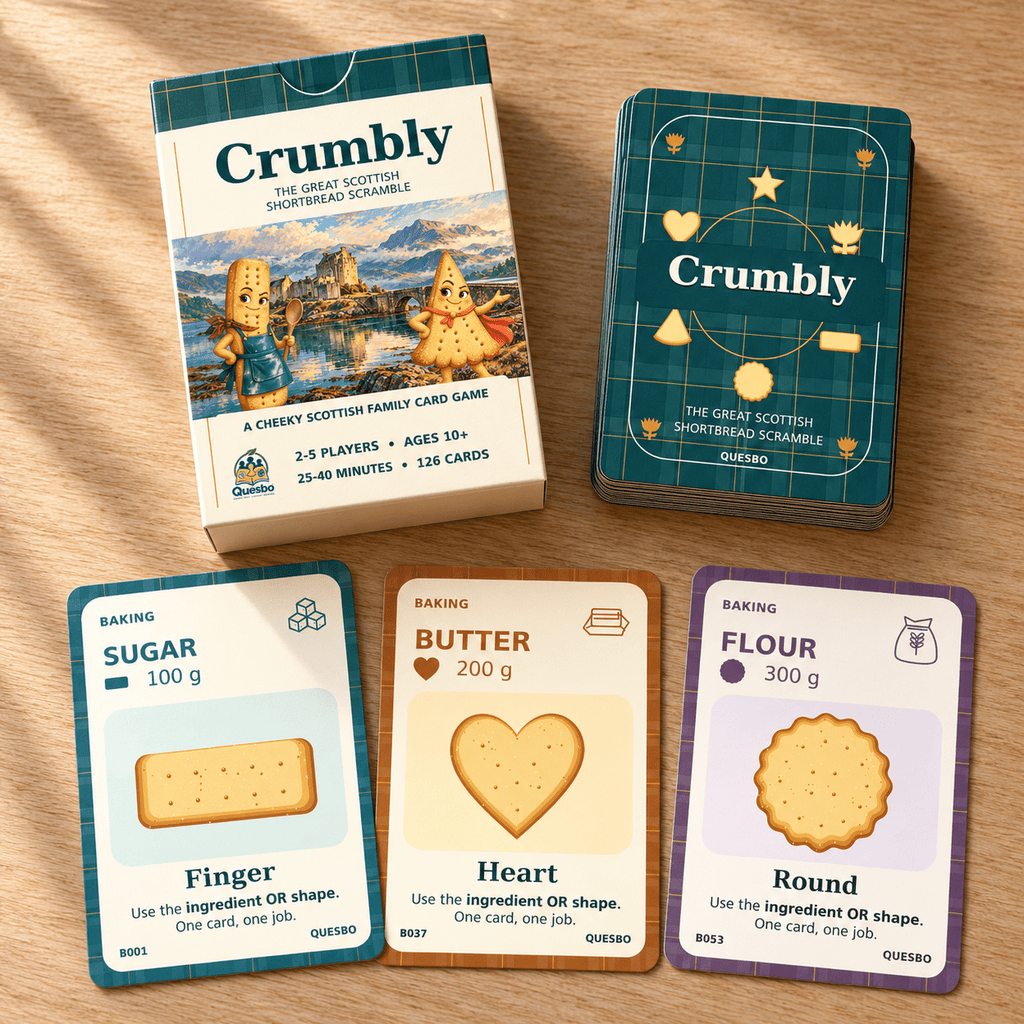 Crumbly box and green-backed deck with Sugar finger, Butter heart and Flour round shortbread cards on a wooden table.