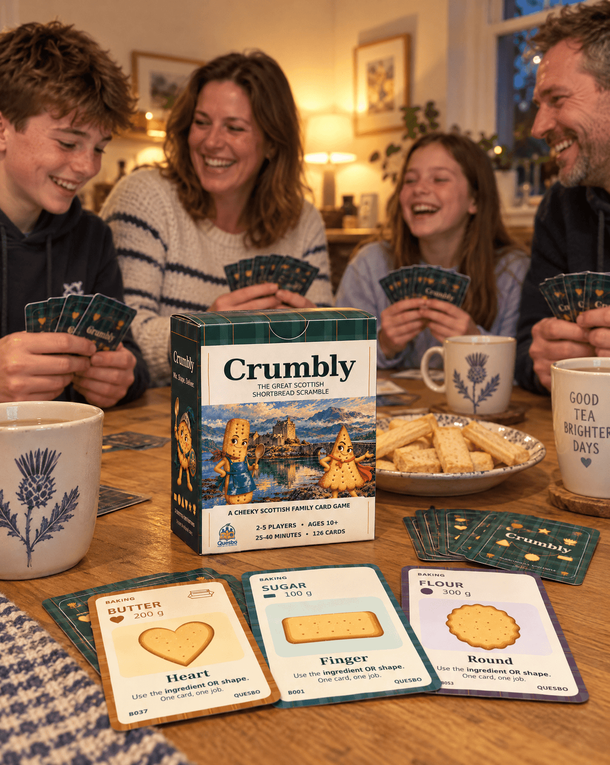 Two adults and two children playing Crumbly around a table with the game box, shortbread cards, mugs and biscuits.