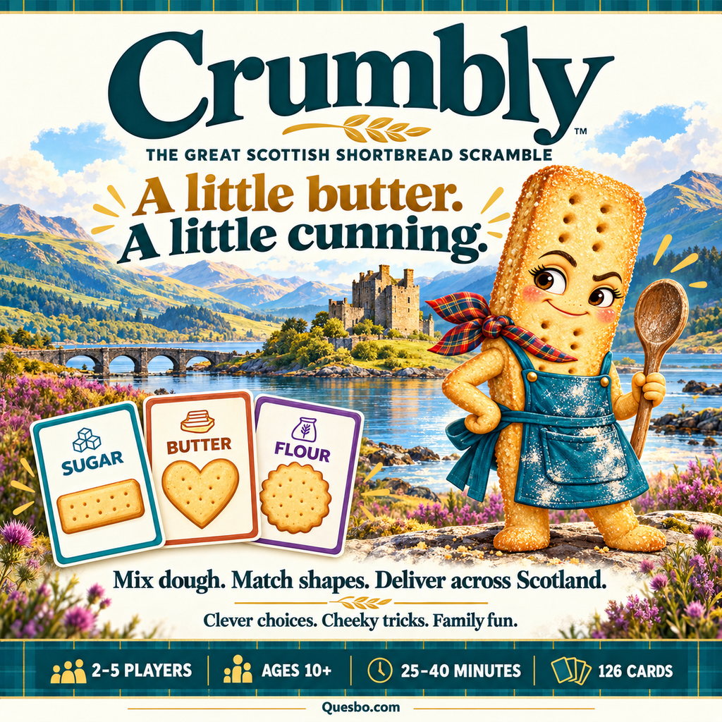 Crumbly illustrated game overview with a smiling shortbread character, Scottish scenery and sugar, butter and flour cards.
