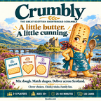 Crumbly illustrated game overview with a smiling shortbread character, Scottish scenery and sugar, butter and flour cards.