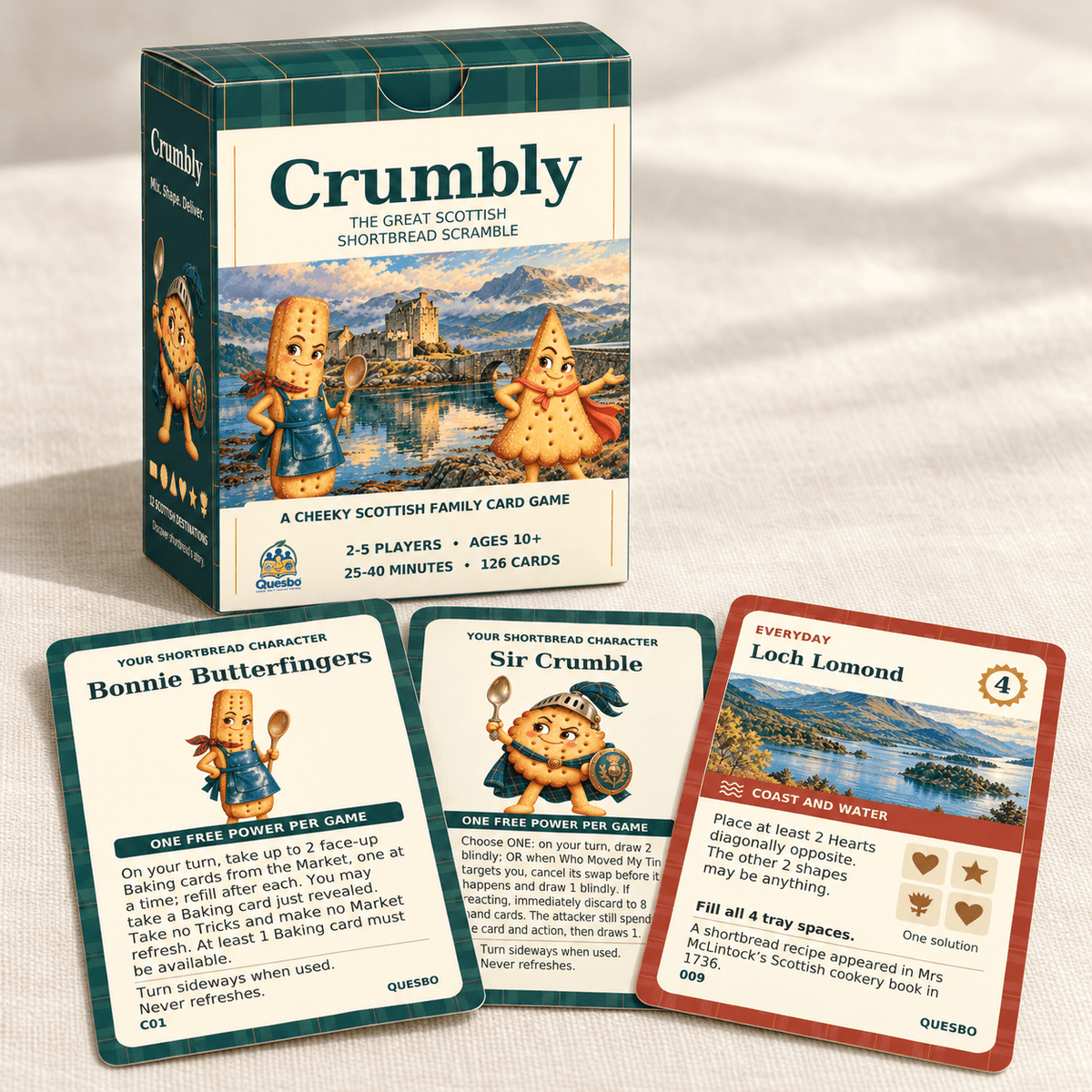 Crumbly box with Bonnie Butterfingers, Sir Crumble and Loch Lomond cards on a softly lit cream surface.