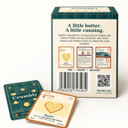 Back of the Crumbly game box beside a green card back and a Butter heart-shaped shortbread card.