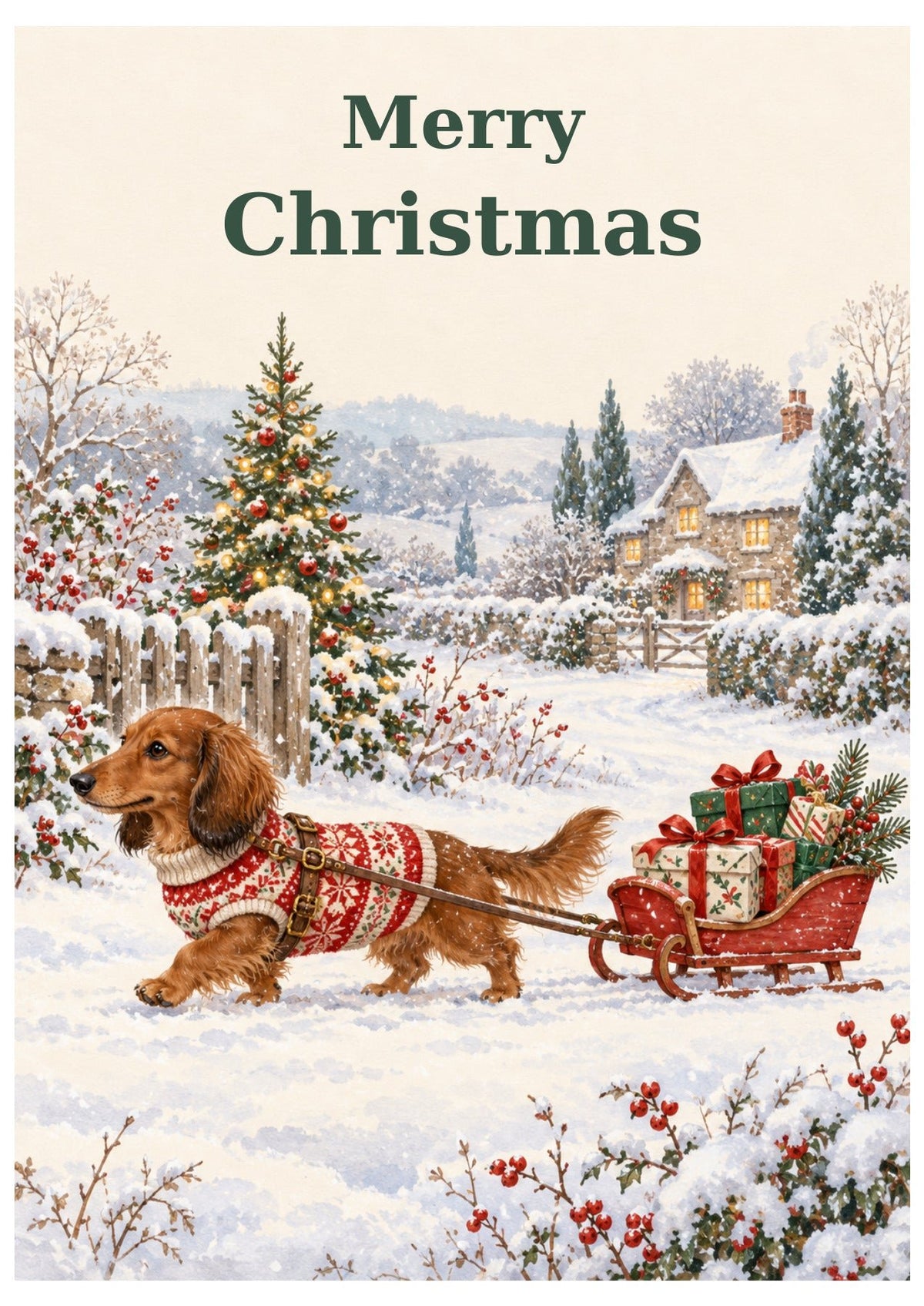 Dachshund Christmas card with Merry Christmas lettering.