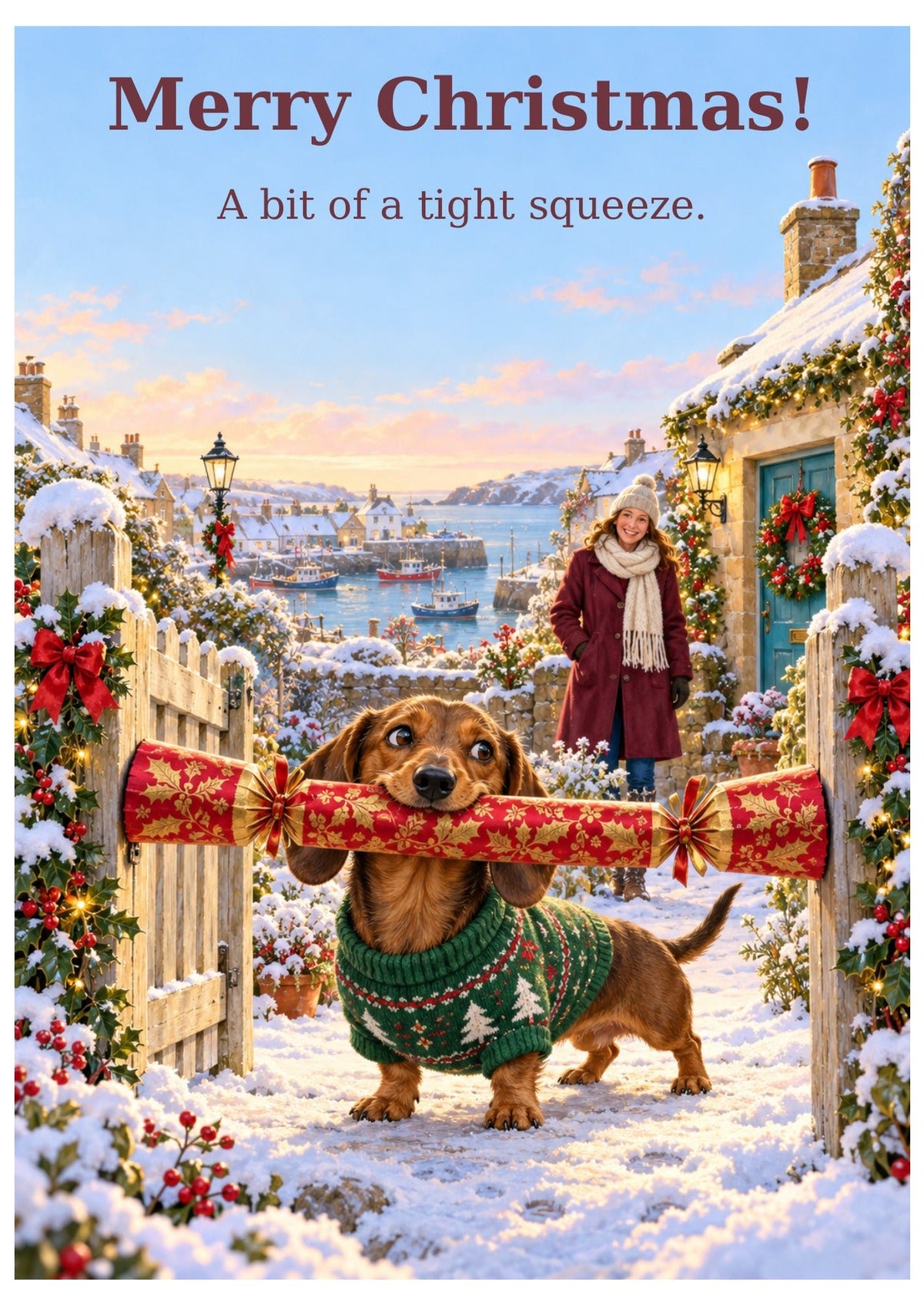 Dachshund Christmas cracker card with “Merry Christmas!” and “A bit of a tight squeeze.”
