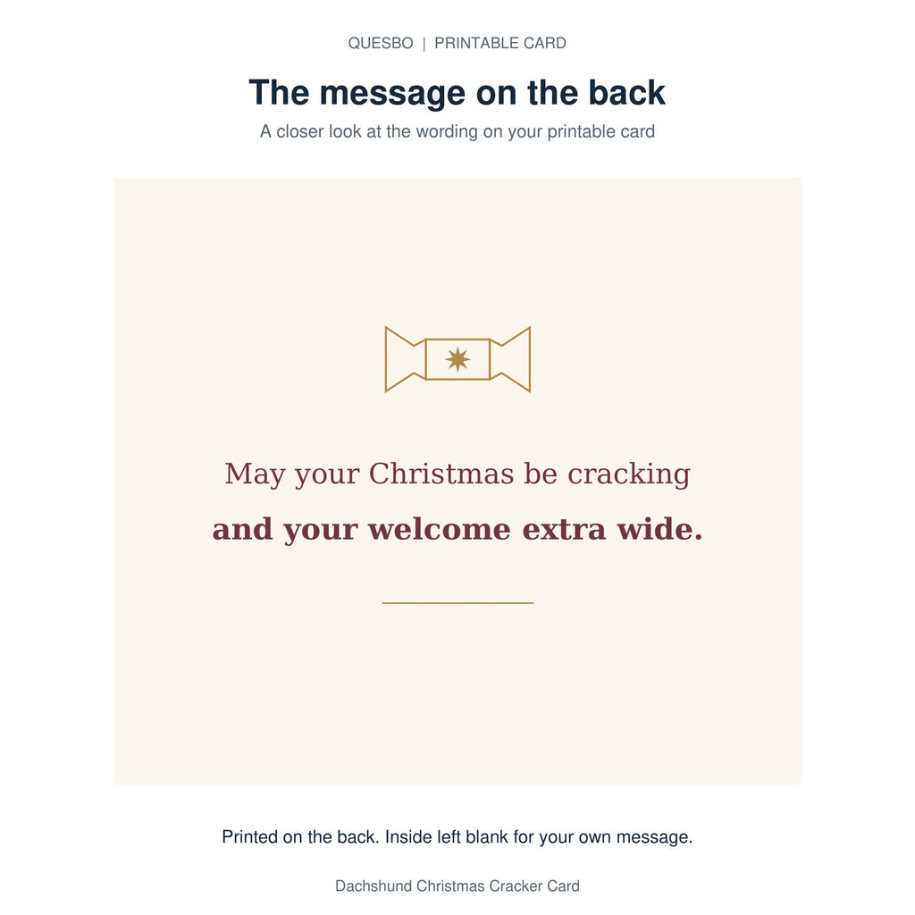 Printed message on the back of the PDF card: May your Christmas be cracking and your welcome extra wide. The inside is blank for your own handwritten message.