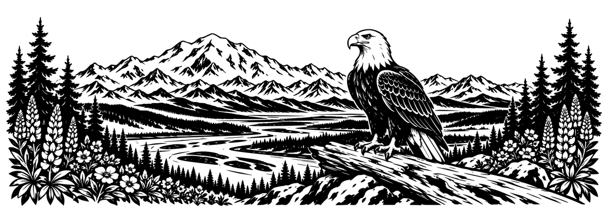 Denali Eagle Summit: black-and-white panoramic laser engraving artwork, design only.