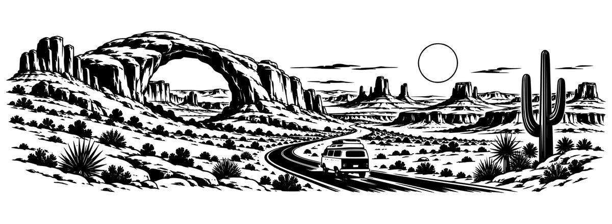 Desert Roadtrip panoramic black-and-white engraving design showing sandstone arch, canyon, winding road, campervan, cacti and sun; artwork only
