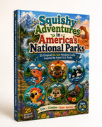 Squishy Adventures in America's National Parks craft book cover with animal pendant designs against a mountain landscape.