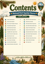 Squishy Adventures in America's National Parks contents page listing 25 national park squishy charm projects.