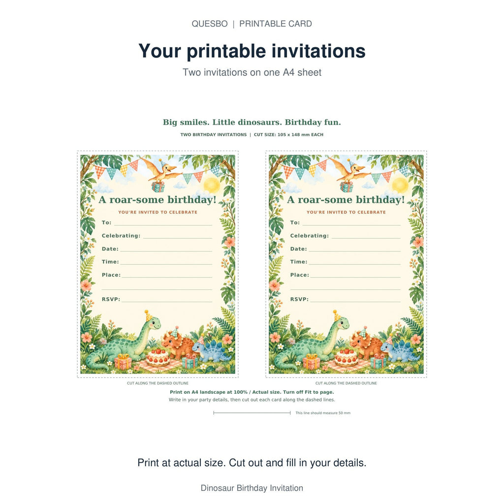 PDF print layout for Dinosaur Birthday Invitation, showing two invitations and the wording and blank event-detail fields.