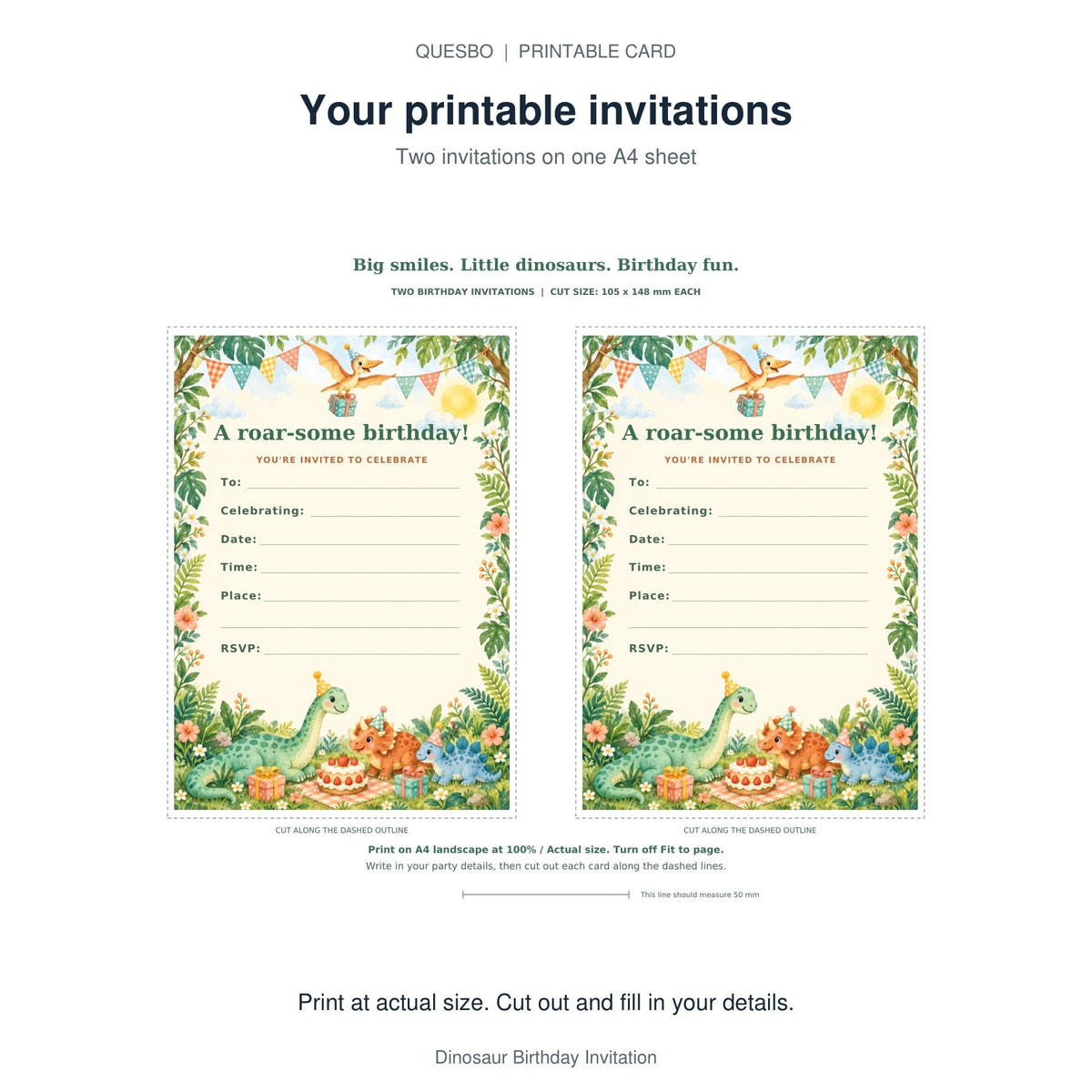 PDF print layout for Dinosaur Birthday Invitation, showing two invitations and the wording and blank event-detail fields.