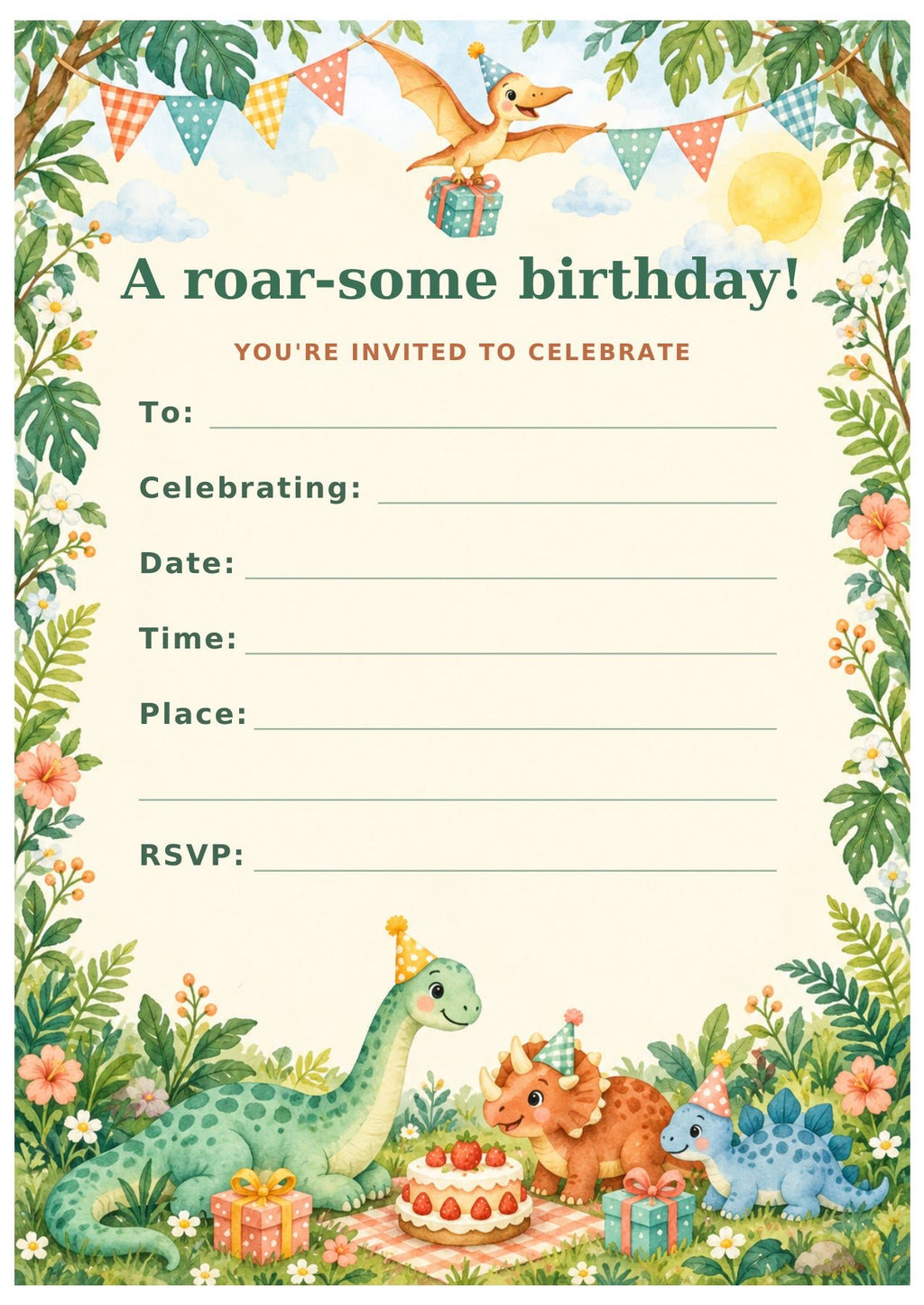 Dinosaur birthday invitation with leafy borders, bunting, friendly dinosaurs and a birthday cake.