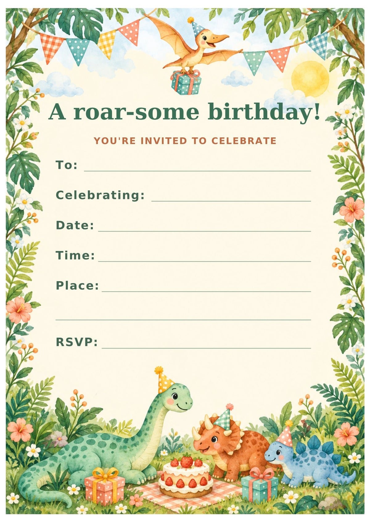 Dinosaur birthday invitation with leafy borders, bunting, friendly dinosaurs and a birthday cake.