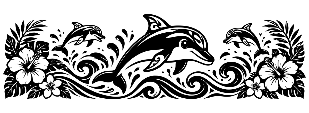 Dolphin Paradise black-and-white panoramic engraving design with tropical craft-inspired motifs; design only