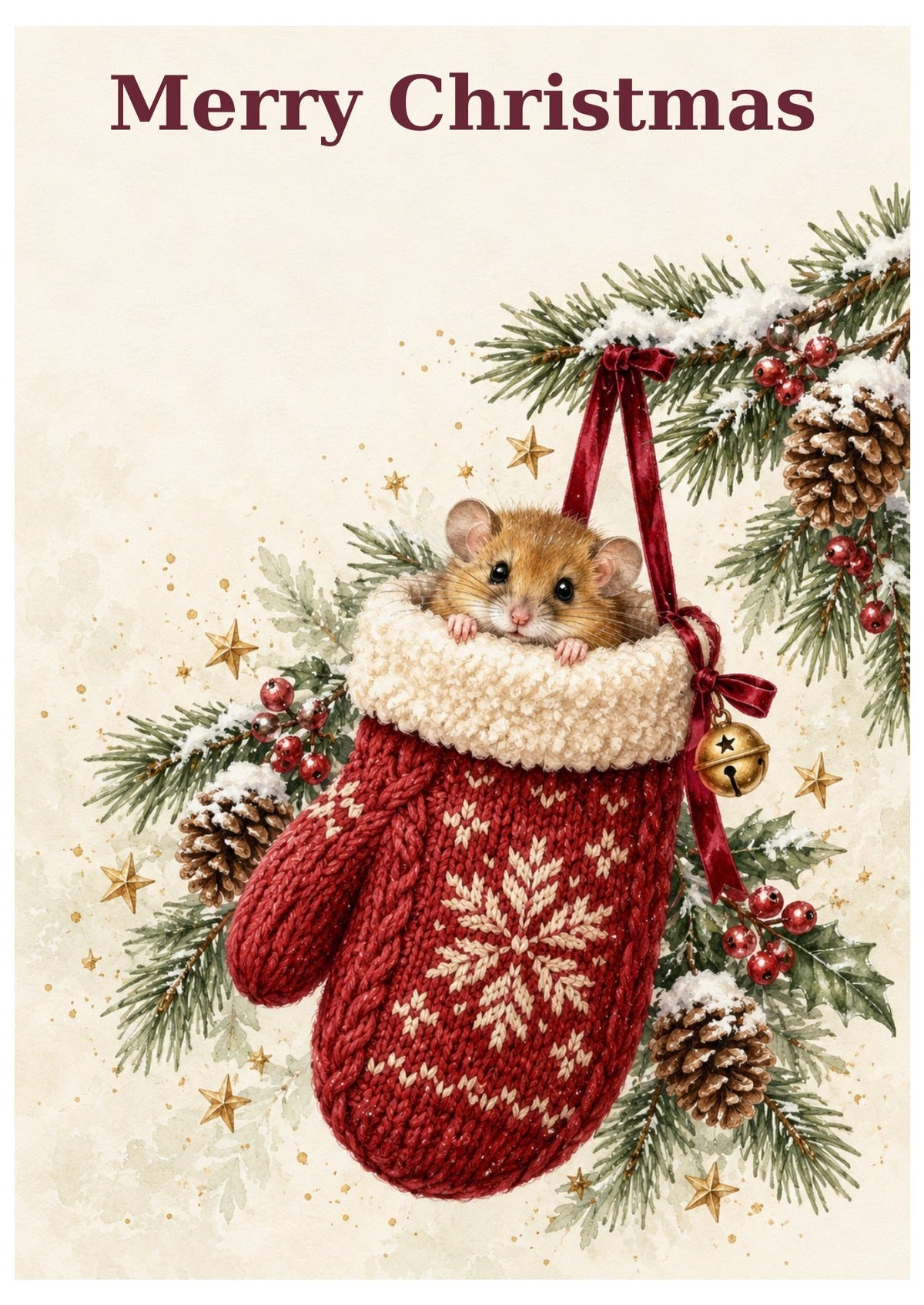 Dormouse and mitten Christmas card with Merry Christmas lettering.