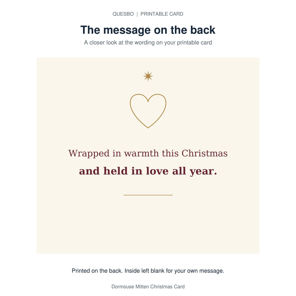 Printed message on the back of the PDF card: Wrapped in warmth this Christmas and held in love all year. The inside is blank for your own handwritten message.