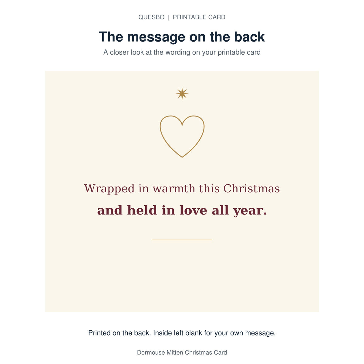 Printed message on the back of the PDF card: Wrapped in warmth this Christmas and held in love all year. The inside is blank for your own handwritten message.